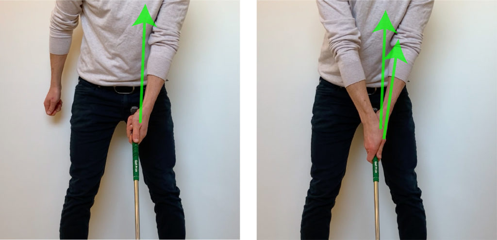 showing where the left and right thumb point in a weak golf grip
