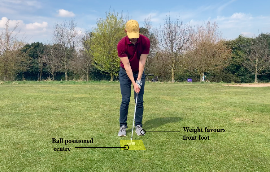 Golf chipping setup with the ball in the middle of stance and weight favouring the front foot.