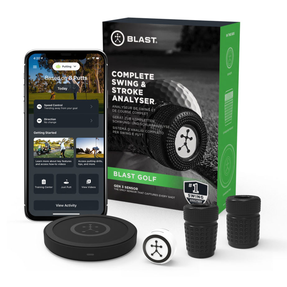 Blast Motion Golf swing analyzer with putting grip attachment and sensor