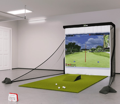 FlightScope Mevo+ Bronze Golf Simulator on a large screen.