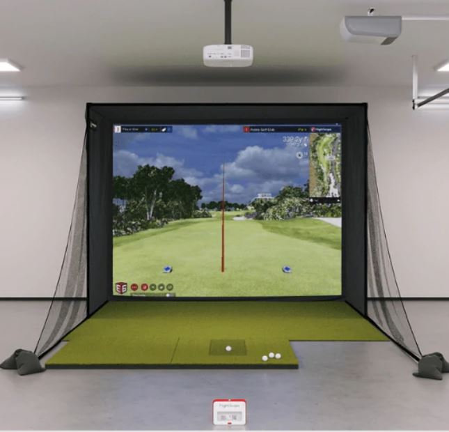 Flightscope Mevo+ SIG10 Golf Simulator on a large screen with a putting green.