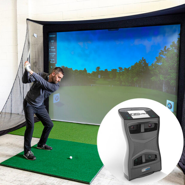 GCQuad golf simulator (Quad in a box) with a large screen with a person swinging a golf club.
