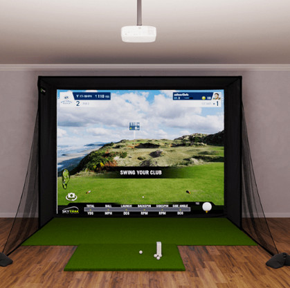 SkyTrak SIG12 Golf Simulator on a large screen with a putting green.