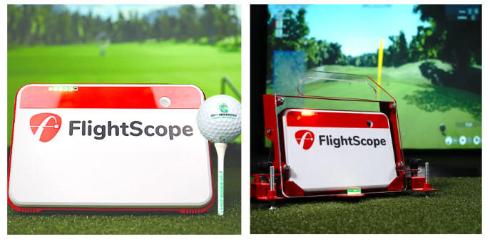 Two images of Flightscope Mevo Plus Launch Monitor. Left image close up of FlightScope box. Right image of FlightScope box with a screen in the back ground which has a virtual golf course displayed.