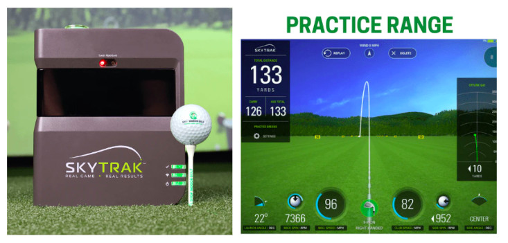 Left image of SkyTrak Golf Simulator and Launch Monitor. Right image of practice range simulator. 