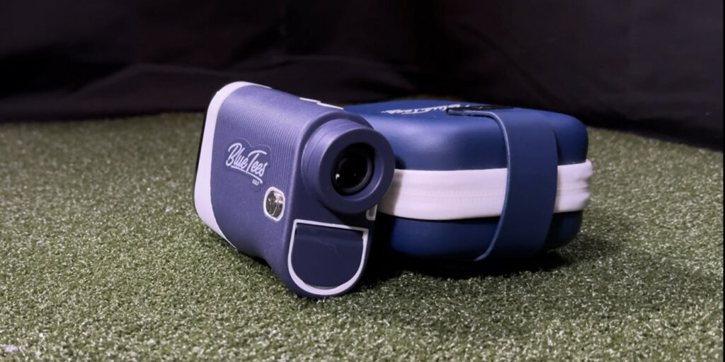 Blue Tees laser rangefinder with blue rangefinder pouch