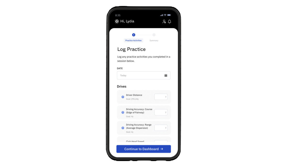 Draw More Circles app showing strokes gained analytics and handicap benchmarking charts